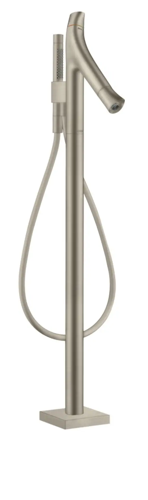 Bodenstehender Thermostat in gebürstetem Nickel, vor einer weißen Fläche. Produkt von AXOR, geeignet für Wanneninstallation, mit flexibler Handbrause und ergonomischem Design.